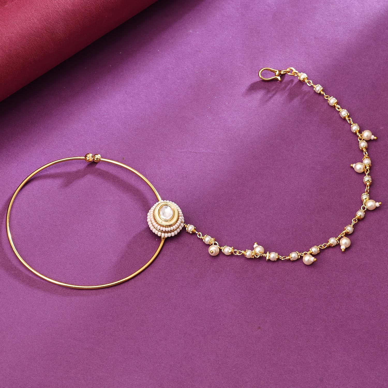 Sukkhi Awesome Golden Gold Plated kundan & Pearl Nose Ring for Women