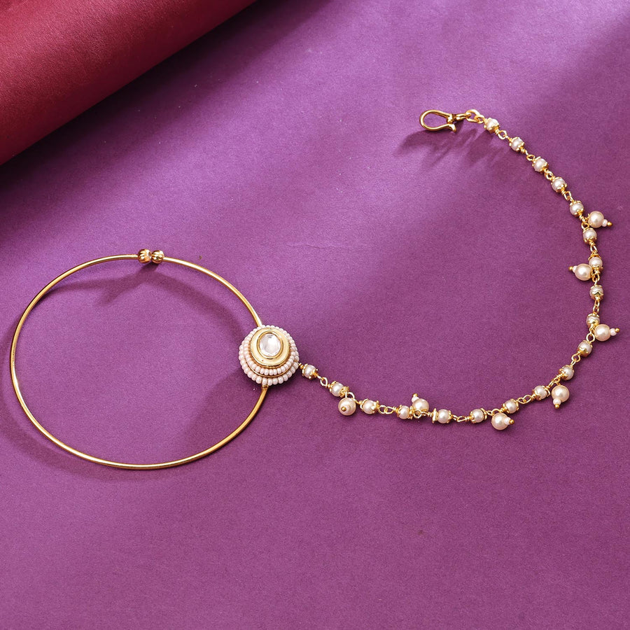 Sukkhi Awesome Golden Gold Plated kundan & Pearl Nose Ring for Women
