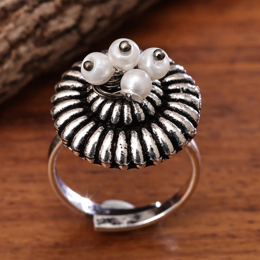 Sukkhi Delightful Silver Oxidised Pearl Ring for Women