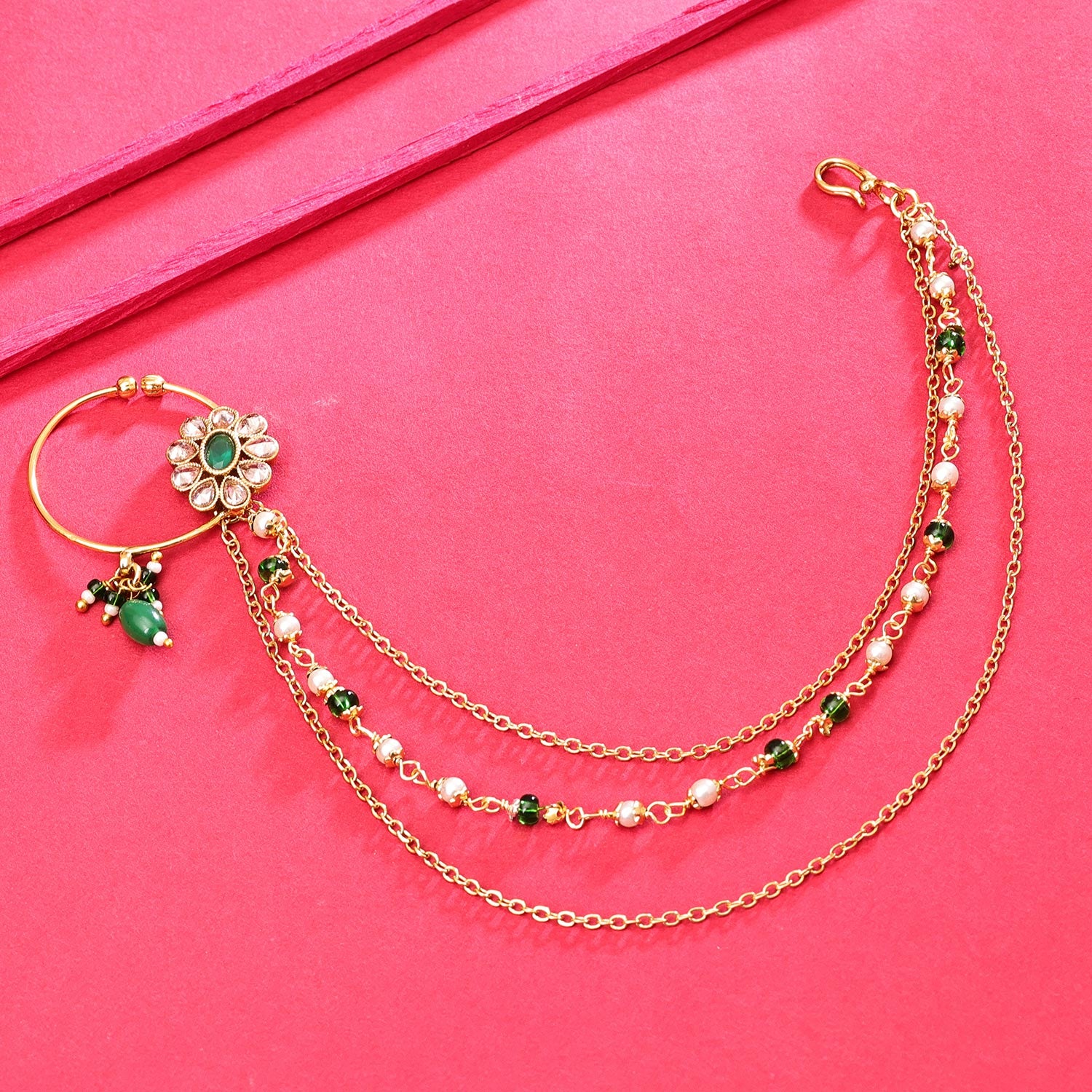 Sukkhi Glossy Golden Gold Plated kundan & Pearl Nose Ring for Women