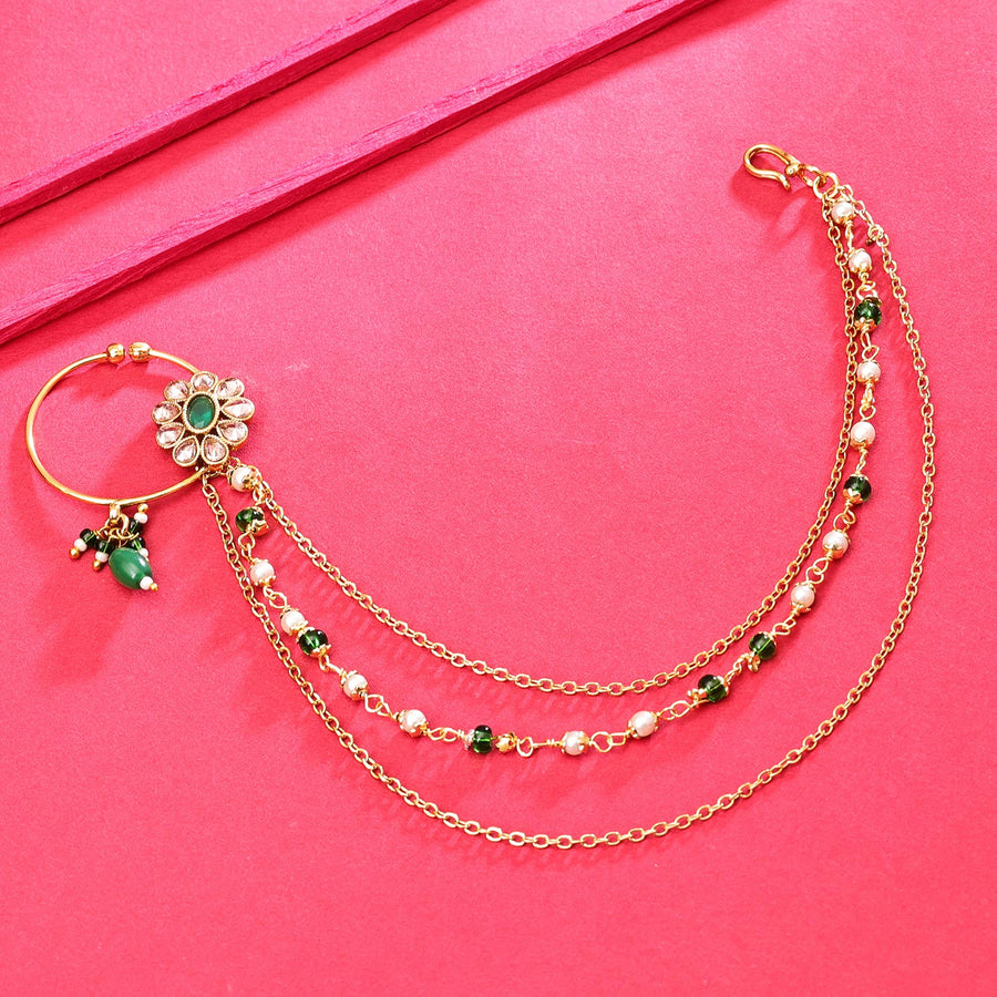 Sukkhi Glossy Golden Gold Plated kundan & Pearl Nose Ring for Women