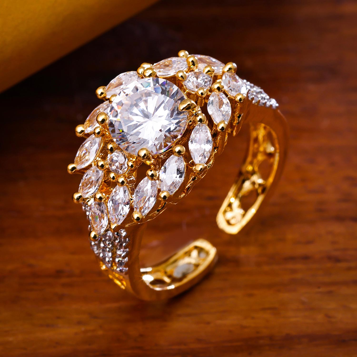 Sukkhi Marvelous Golden Gold Plated CZ Ring for Women