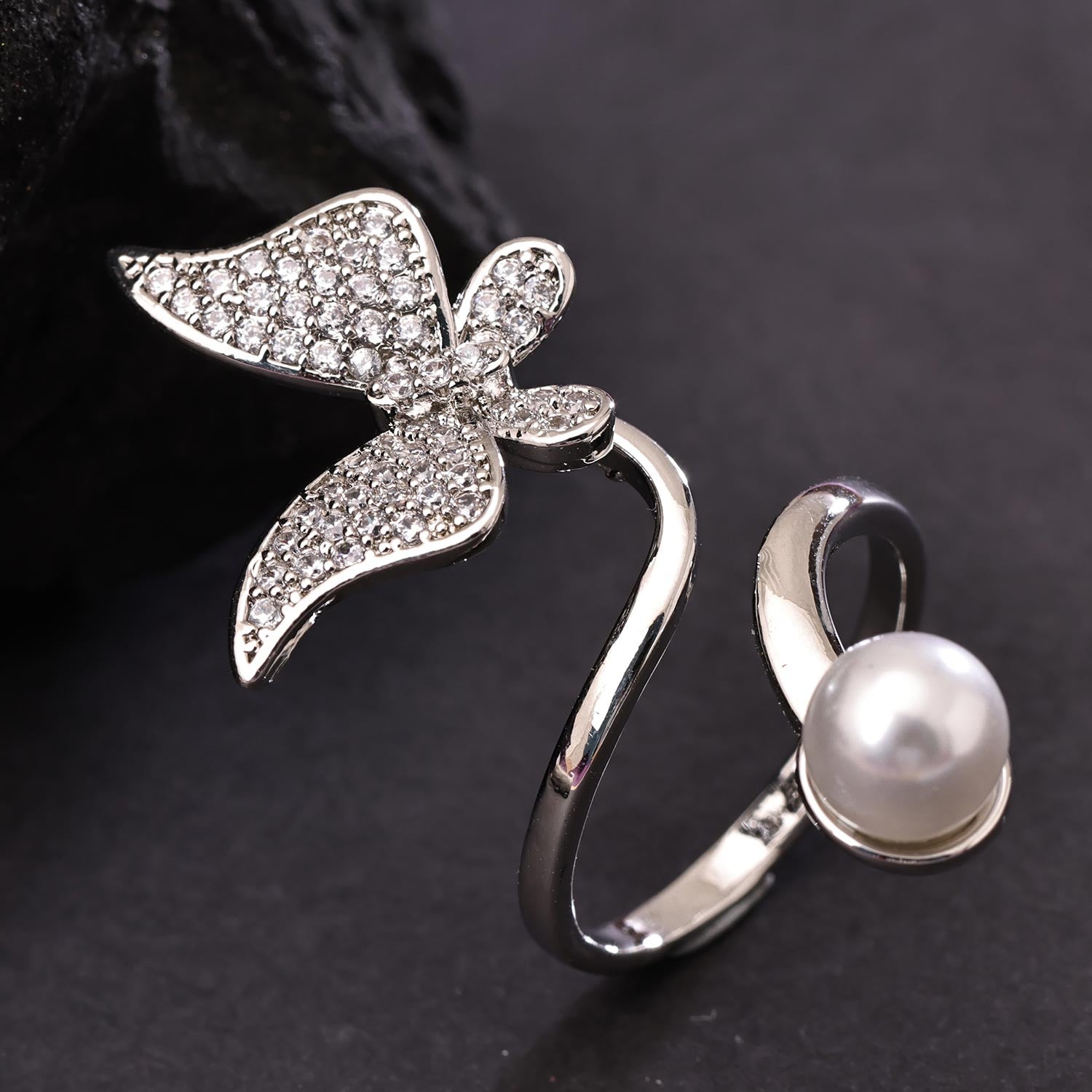Sukkhi Traditional Silver Butterfly Rhodium Plated CZ Ring for Women