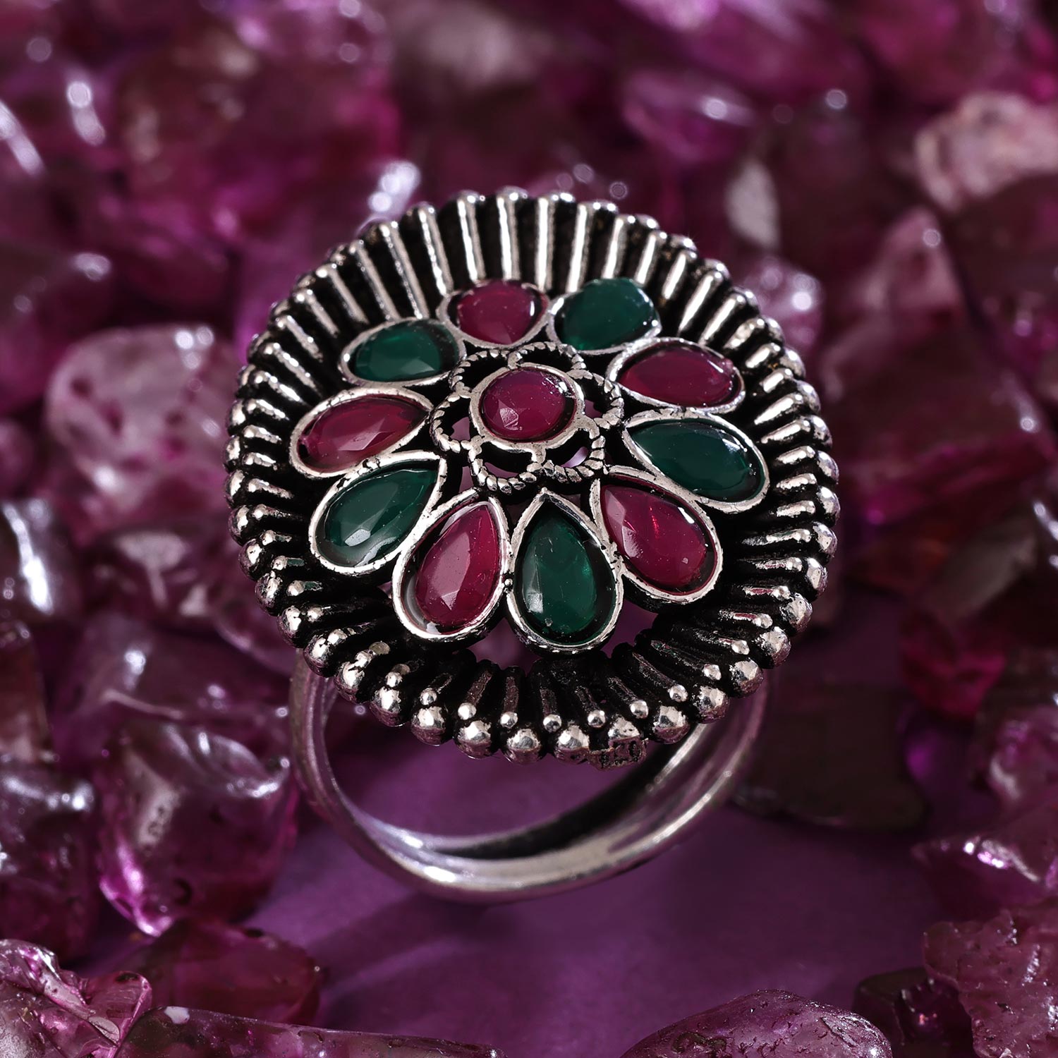 Sukkhi Gleaming Silver Oxidised Pearl Ring for Women