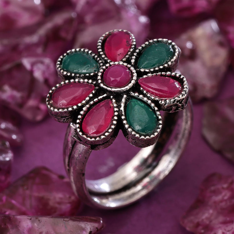 Sukkhi Glittery Silver Oxidised Pearl Ring for Women