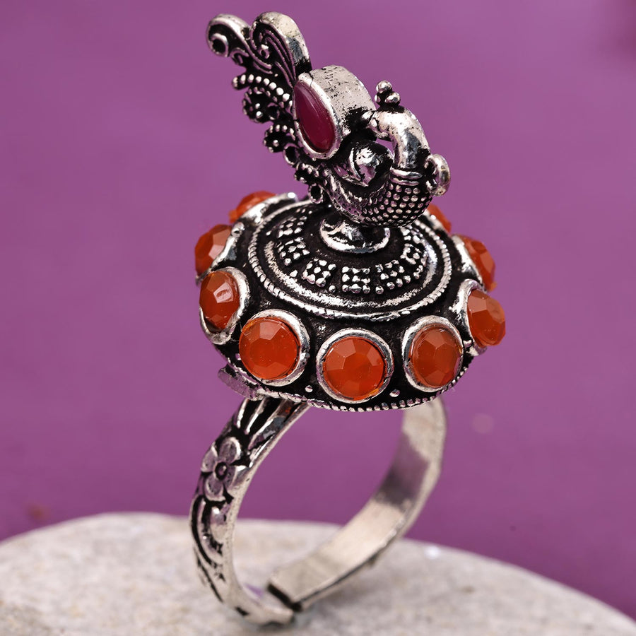 Sukkhi Marvelous Silver Peacock Oxidised Pearl Ring for Women