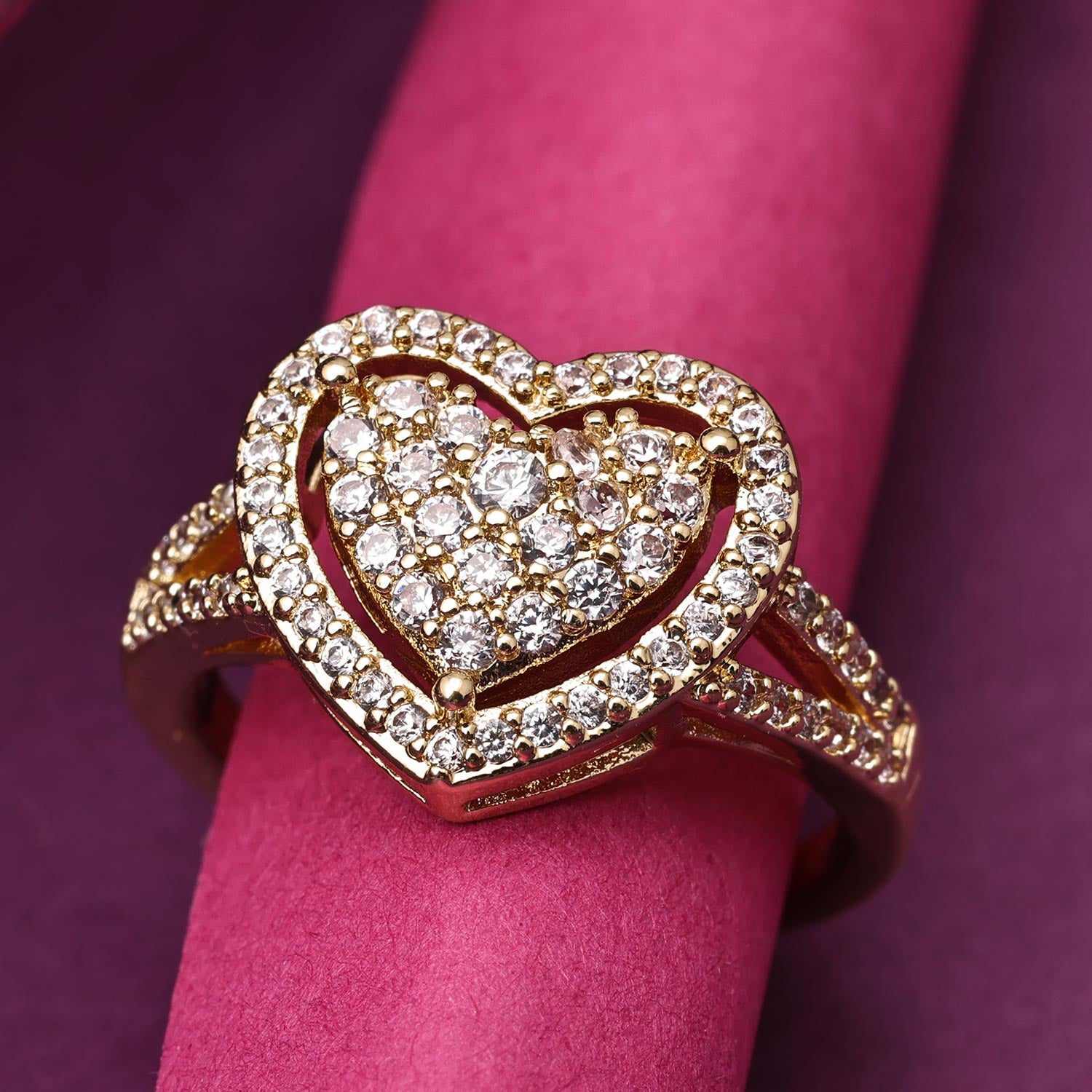 Sukkhi Skparkling Golden Heart Gold Plated CZ Ring for Women