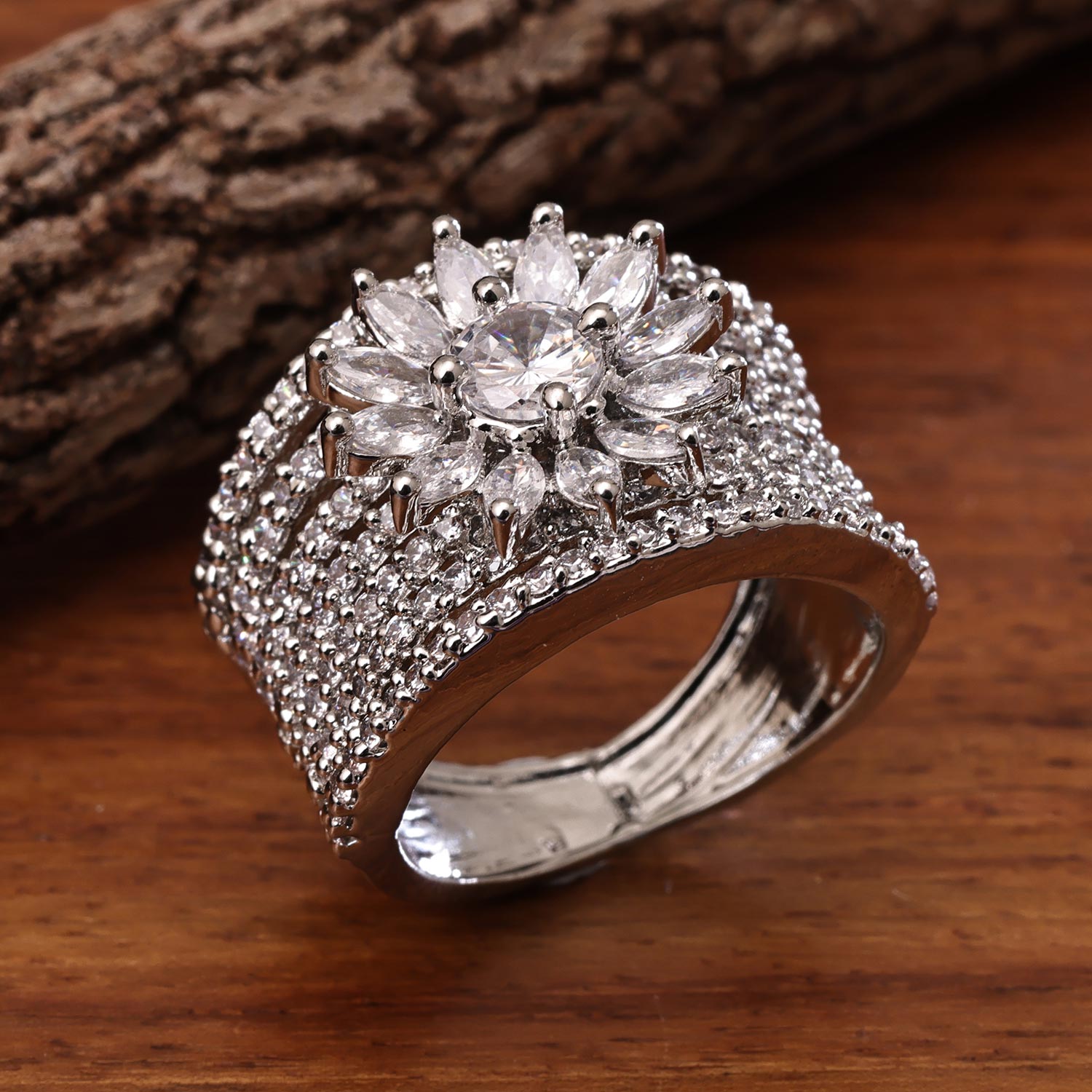 Sukkhi Delightful Silver Rhodium Plated CZ Ring for Women