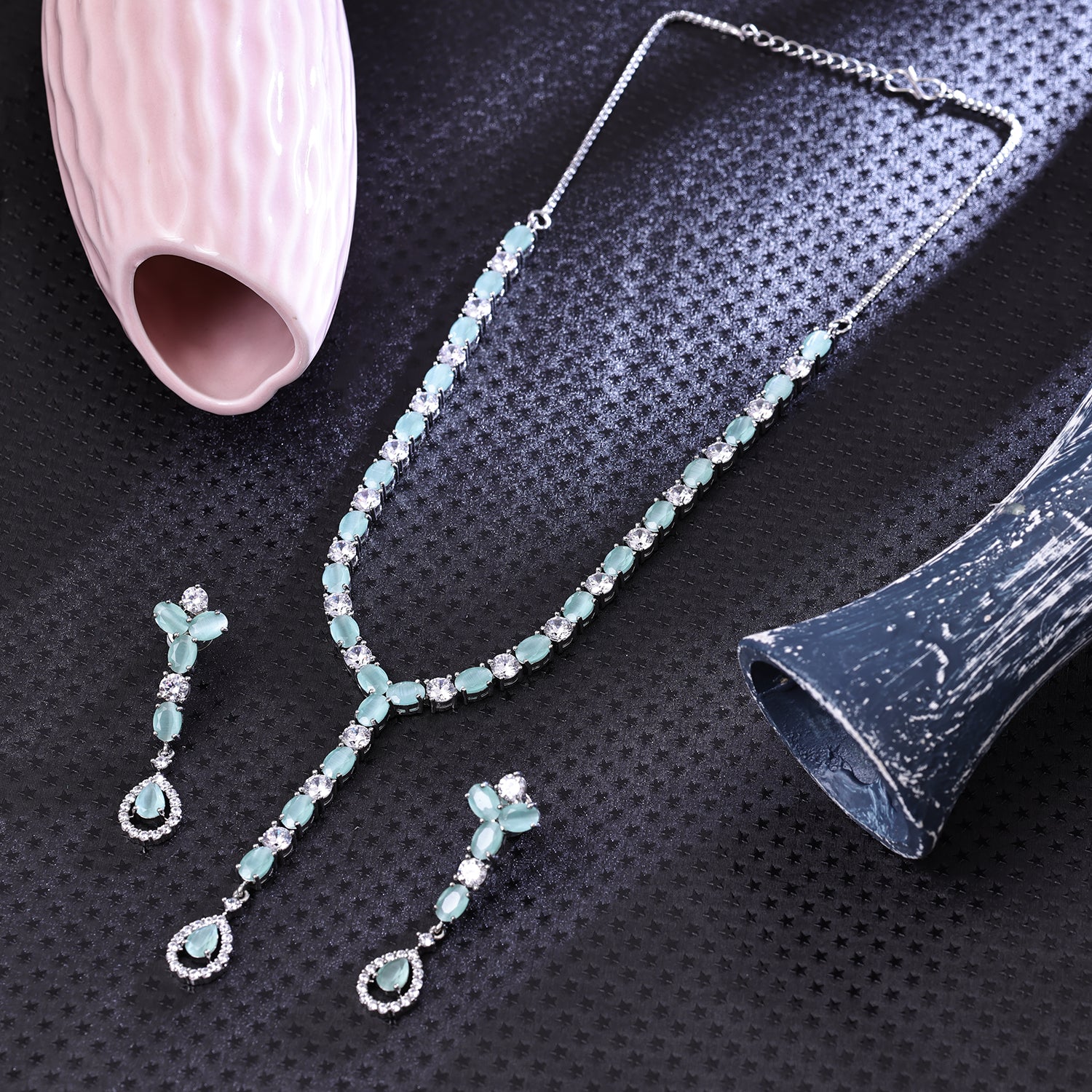 Sukkhi Beckoning Sky Blue Rhodium Plated Cz Collar Necklace Set For Women
