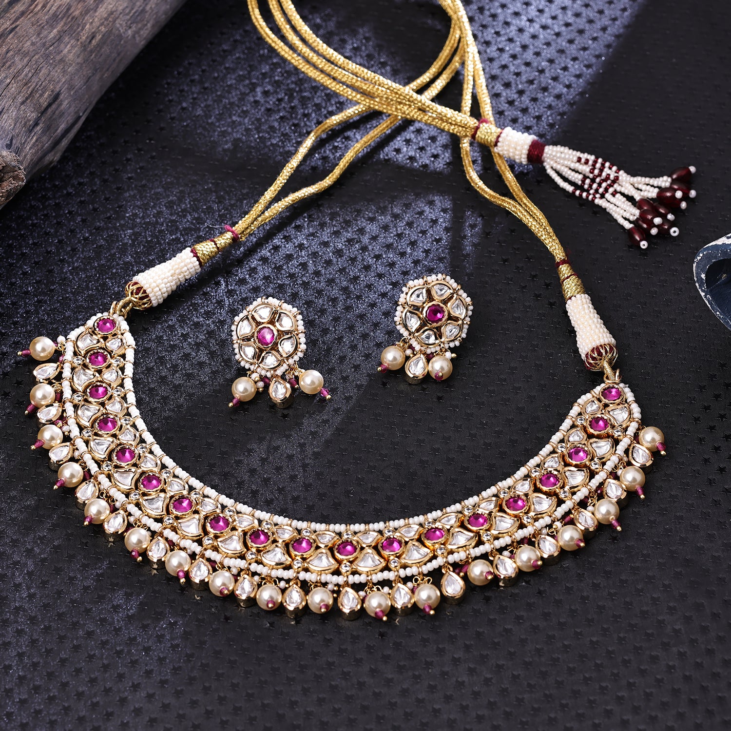 Sukkhi Engaging Pink' Gold Plated Pearl Choker Necklace Set For Women