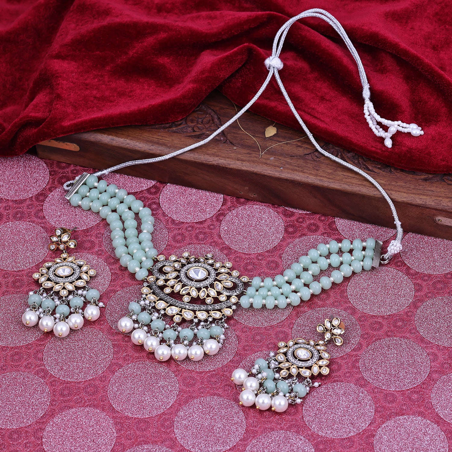 Sukkhi Entrancing Sky Blue Rhodium Plated Pearl Collar Necklace Set For Women