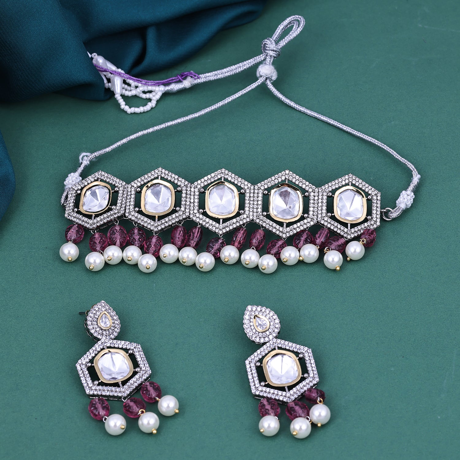 Sukkhi Glamorous Purple And White Rhodium Plated Kundan & Pearl & Cz Choker Necklace Set For Women