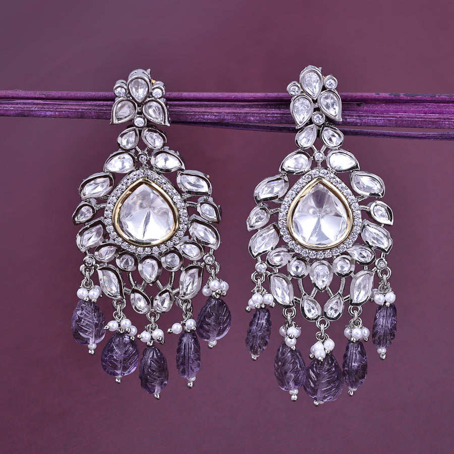 Sukkhi Drop-Dead Purple Rhodium Plated Cz & Pearl Dangler Earring For Women