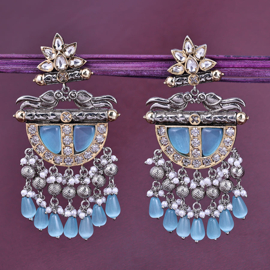 Sukkhi Goodly Sky Blue Rhodium Plated Cz & Pearl Dangler Earring For Women
