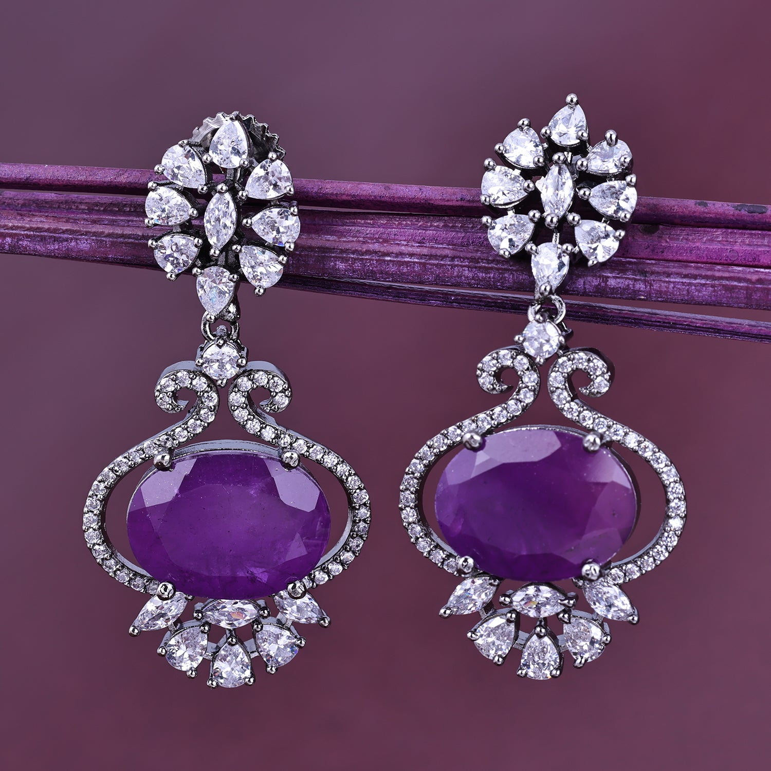 Sukkhi Pretty Purple Rhodium Plated Color Stone Dangler Earring For Women