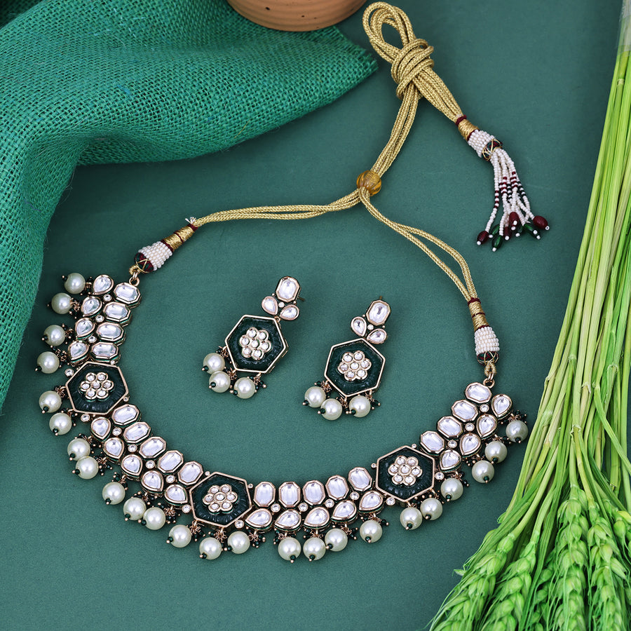 Sukkhi Exquisite White And Blue Gold Plated Kundan Choker Necklace Set For Women