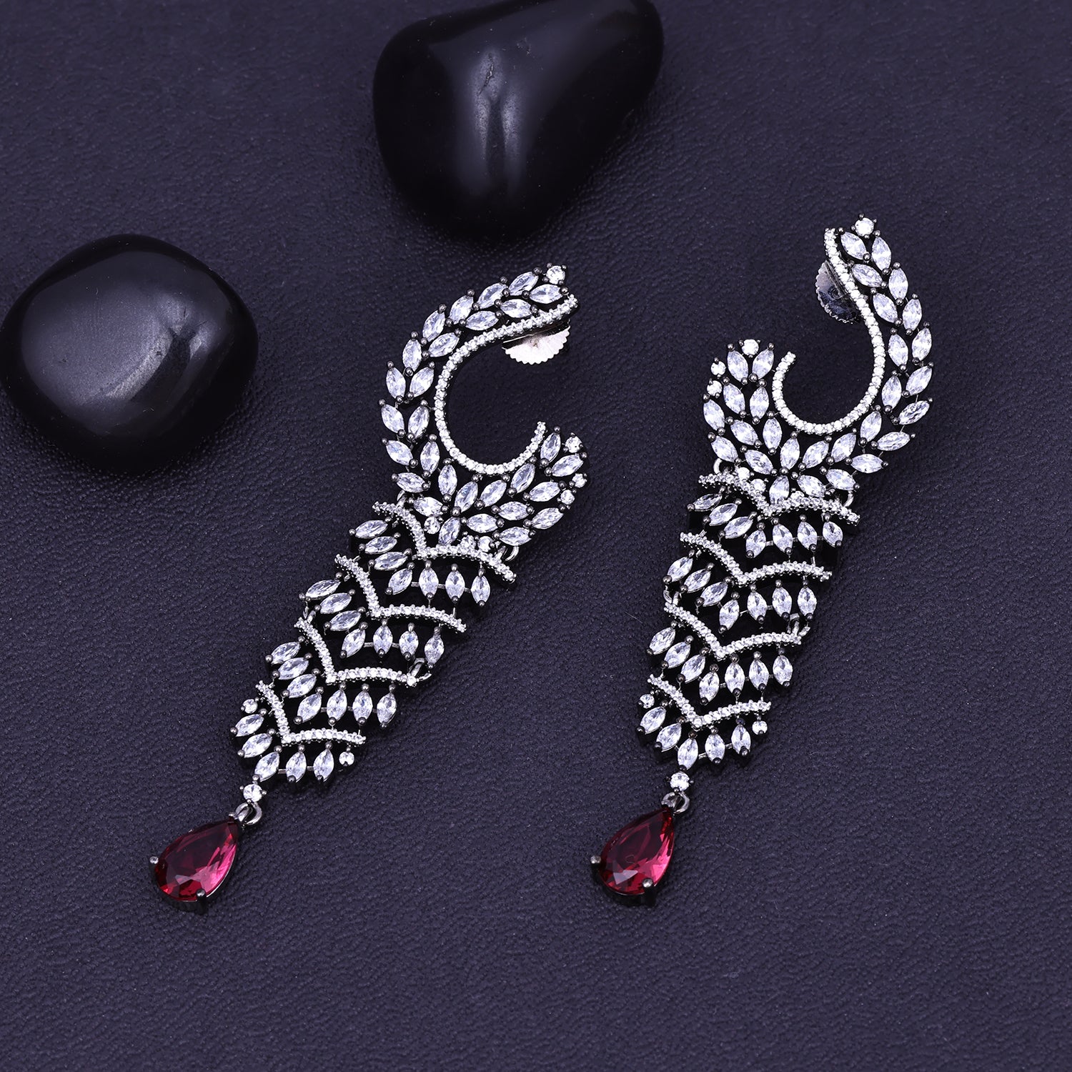 Sukkhi Statuesque White + Maroon Rhodium Plated Cz Dangler Earring For Women