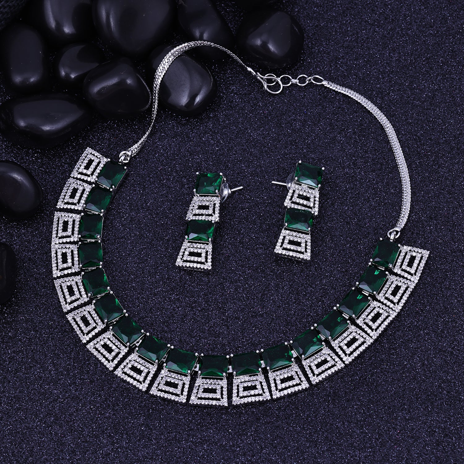 Sukkhi Showy Green Rhodium Plated Cz Choker Necklace Set For Women