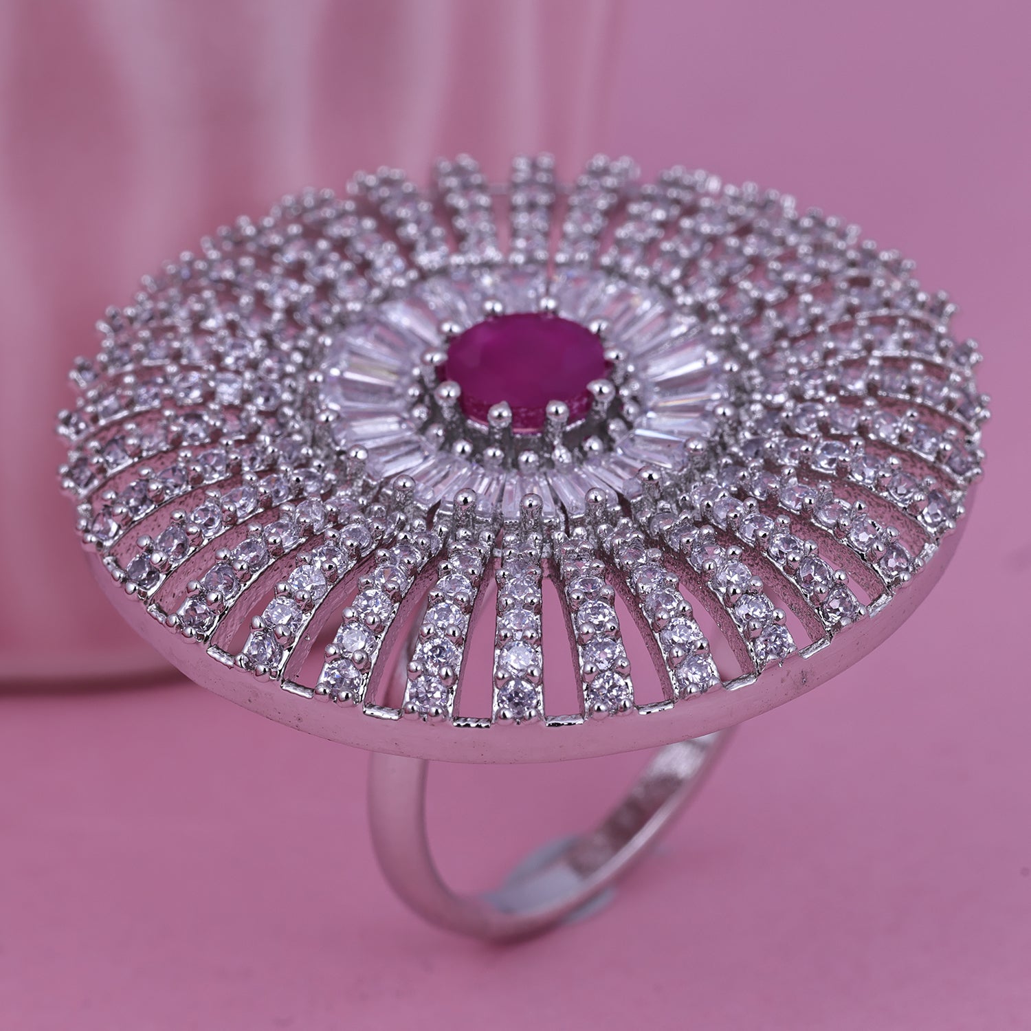 Sukkhi Premium Pink And Silver Rhodium Plated Cz Ethnic Ring For Women