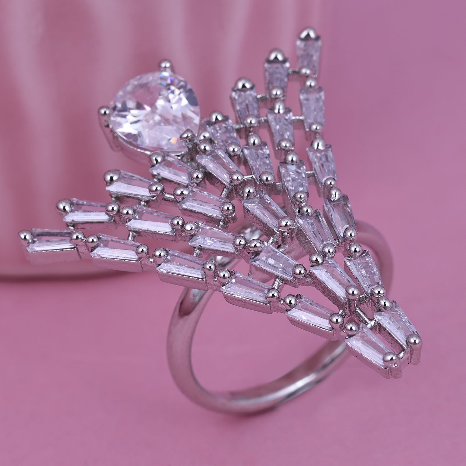 Sukkhi Select Pink And Silver Rhodium Plated Cz Ethnic Ring For Women