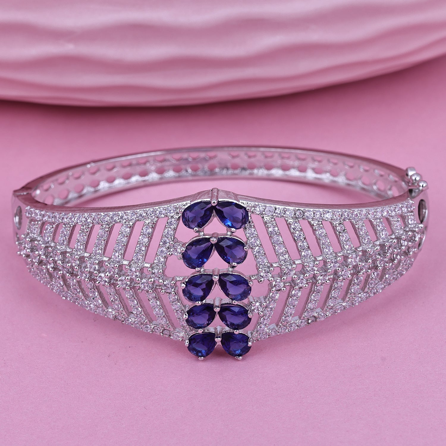 Sukkhi Standard Blue And Silver Rhodium Plated Cz Contemporary Kada For Women