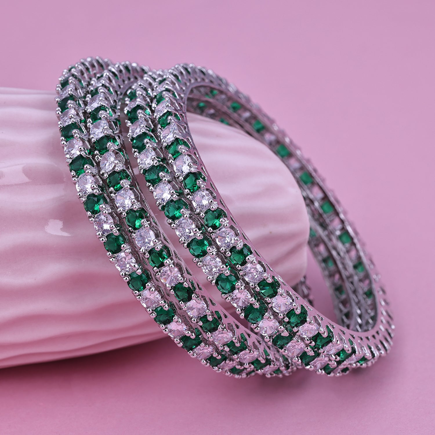 Sukkhi Gripping Green And Silver Rhodium Plated Cz Contemporary Bangle For Women