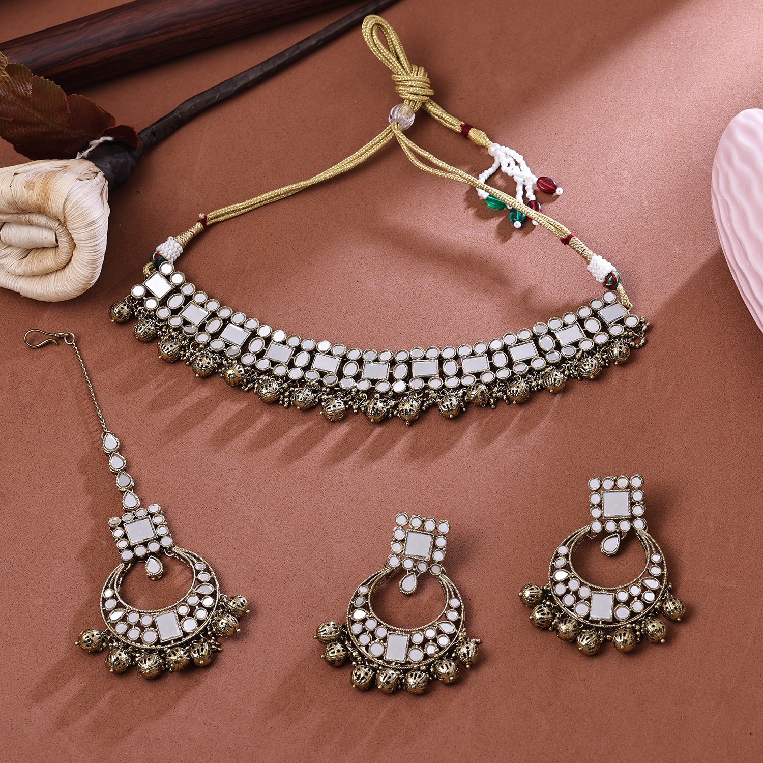 Sukkhi Haunting Golden Gold Plated Mirror Choker Necklace Set With Maang Tikka For Women