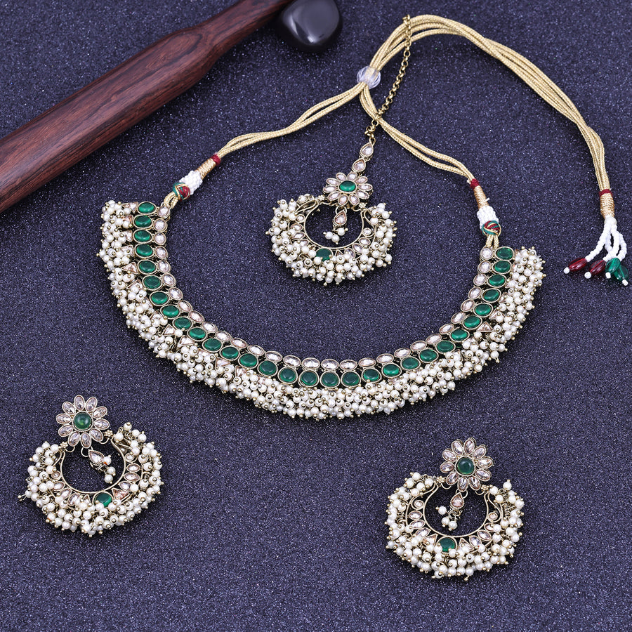 Sukkhi Intriguing Green Gold Plated Pearl Choker Necklace Set With Maang  Tikka For Women