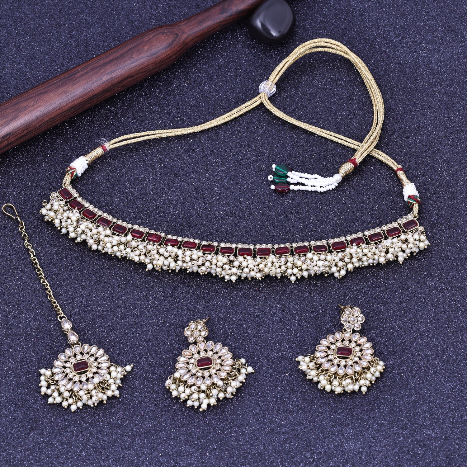 Sukkhi Fetching Pink Gold Plated Pearl Choker Necklace Set With Maang Tikka For Women