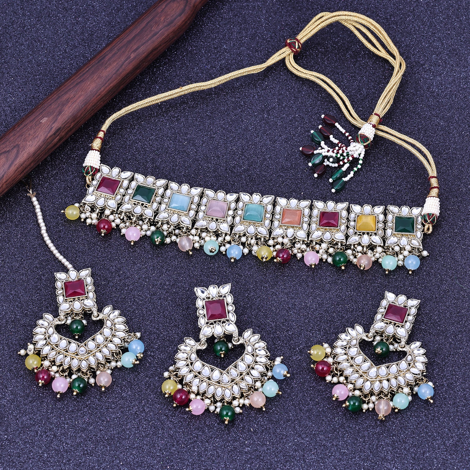 Sukkhi Gorgeous Multicolor Gold Plated Pearl Choker Necklace Set With Maang Tikka For Women