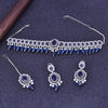 Sukkhi Seemly Blue Rhodium Plated Cz Choker Necklace Set With Maang Tikka For Women