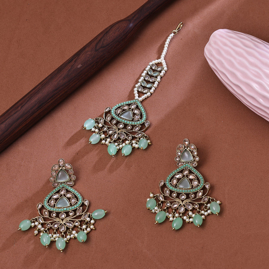 Sukkhi Taking Light Green Gold Plated Pearl Dangler Earring Maangtikka For Women