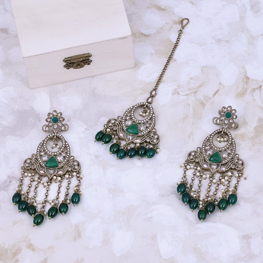 Sukkhi Glorious Green Gold Plated Pearl Dangler Earring Maangtikka For Women