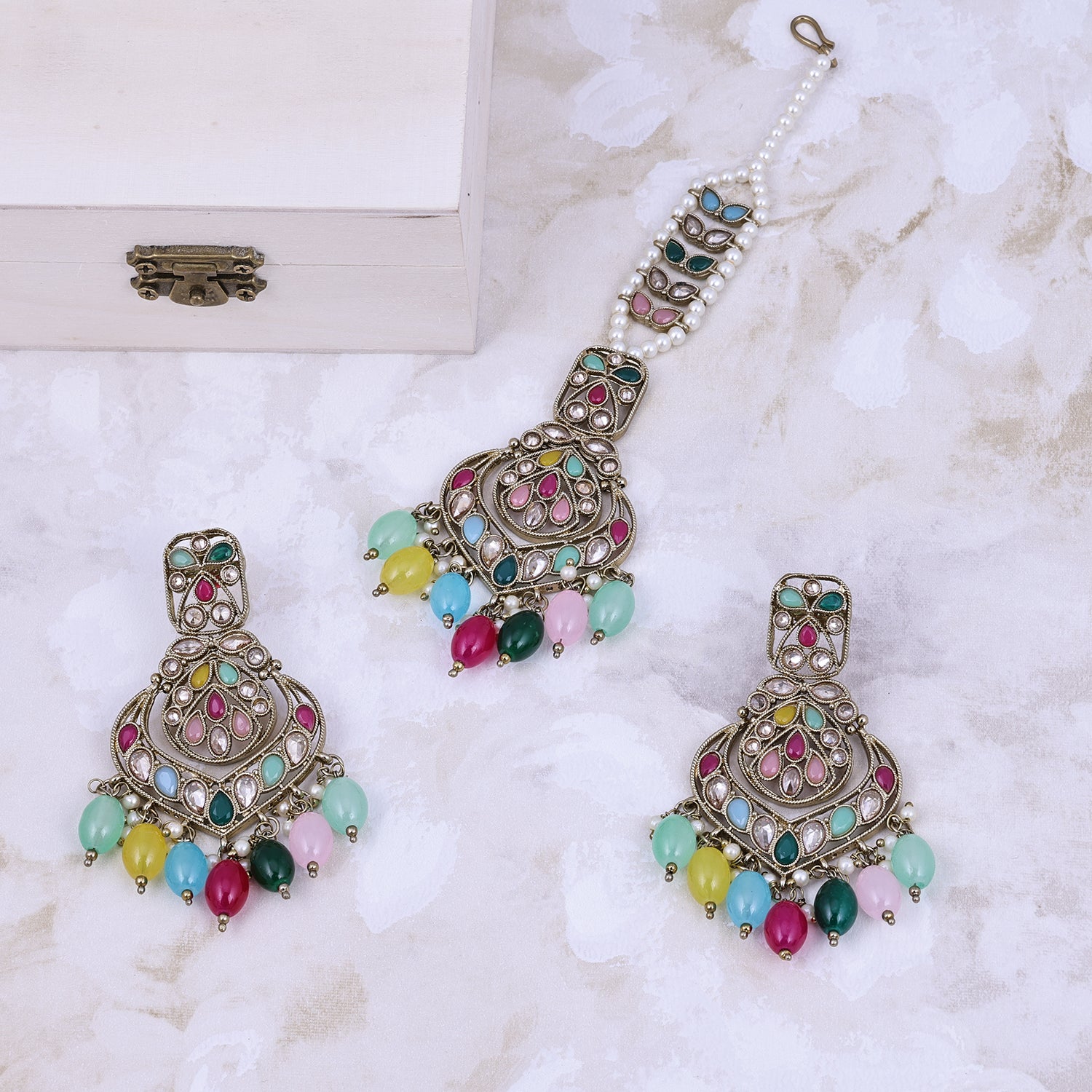 Sukkhi Magnificent Multicolor Gold Plated Pearl Dangler Earring Maangtikka For Women