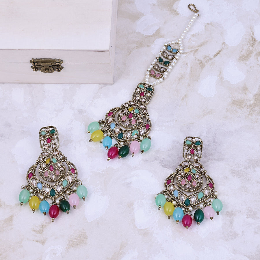 Sukkhi Magnificent Multicolor Gold Plated Pearl Dangler Earring Maangtikka For Women