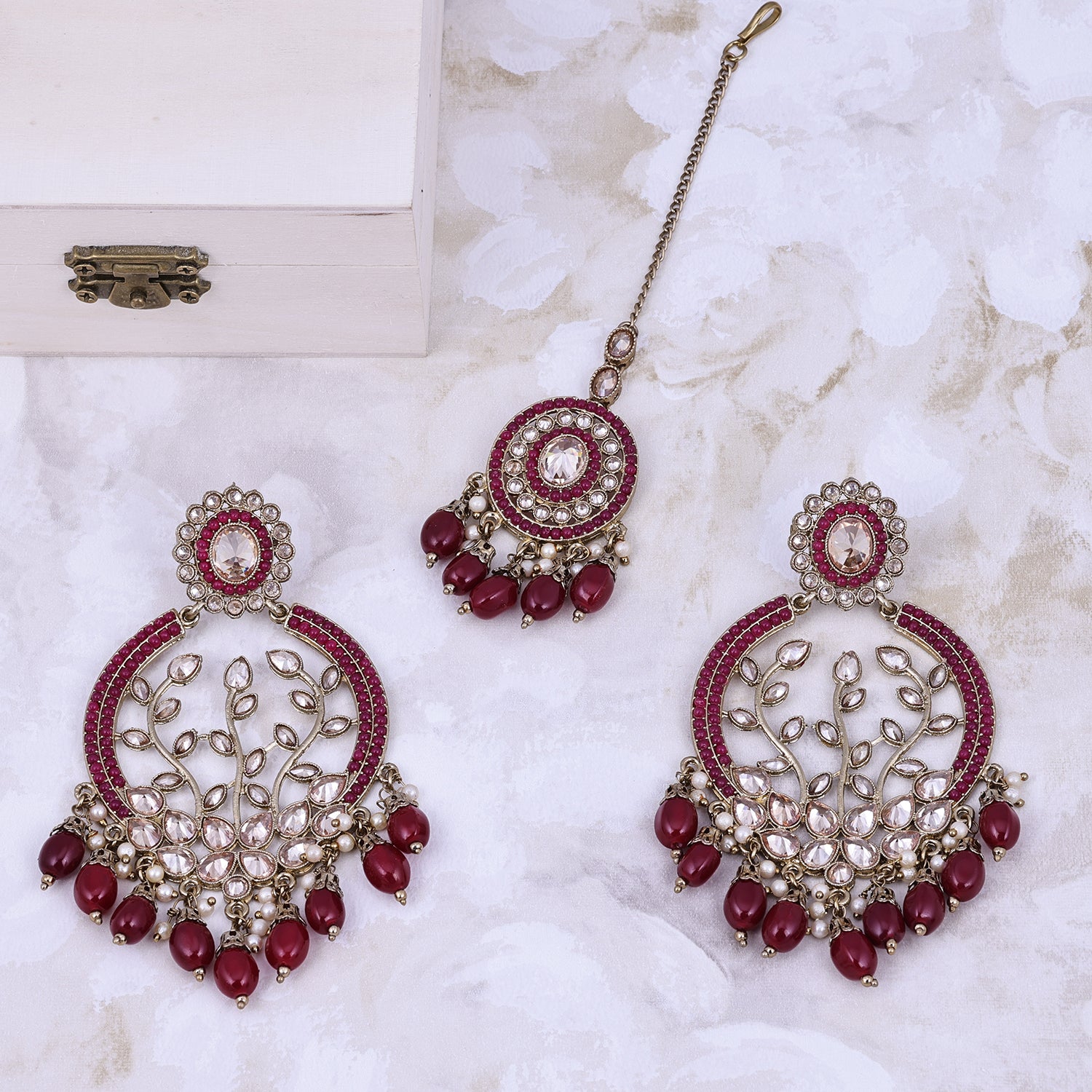 Sukkhi Statuesque Maroon Gold Plated Pearl Chandbali Earring Maangtikka For Women