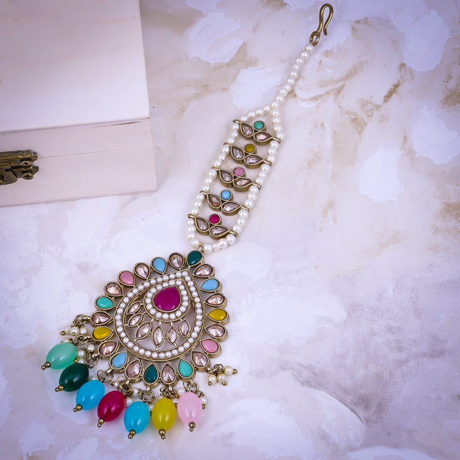 Sukkhi Superb Multicolor Gold Plated Pearl Ethnic Maangtikka For Women