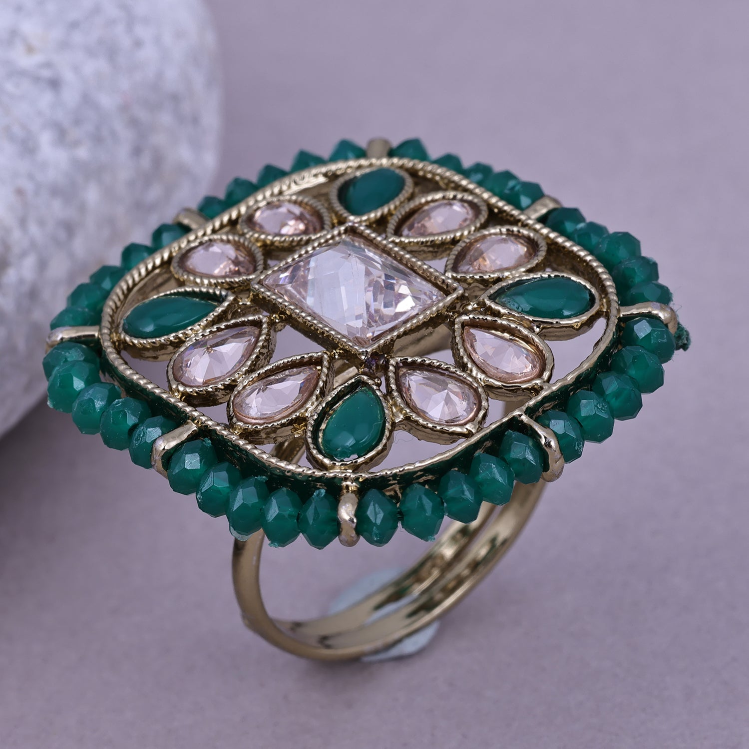 Sukkhi Personable Green Gold Plated Kundan Ethnic Ring For Women