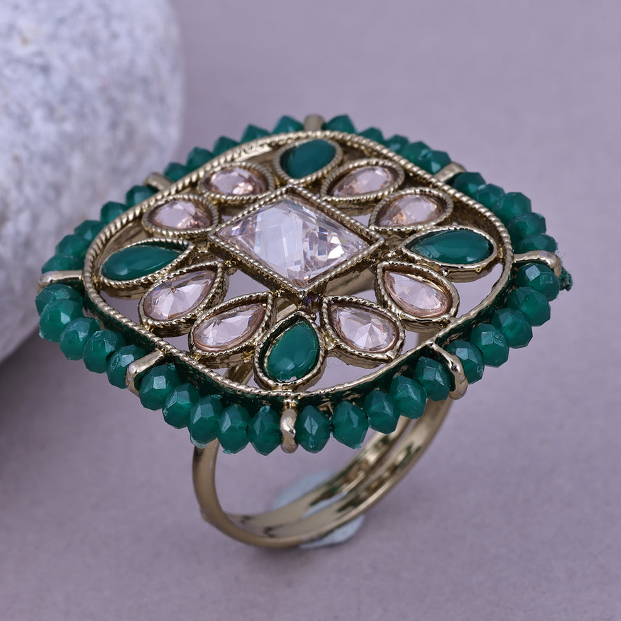 Sukkhi Personable Green Gold Plated Kundan Ethnic Ring For Women