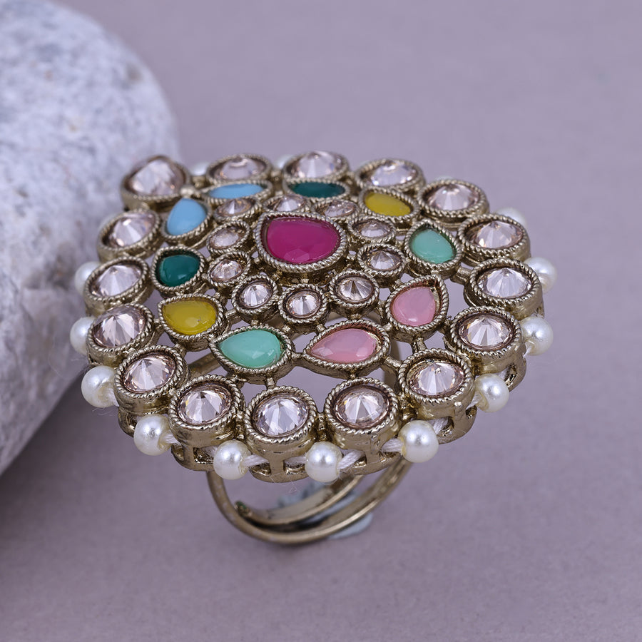 Sukkhi Foxy Multicolor Rhodium Plated Kundan Ethnic Ring For Women