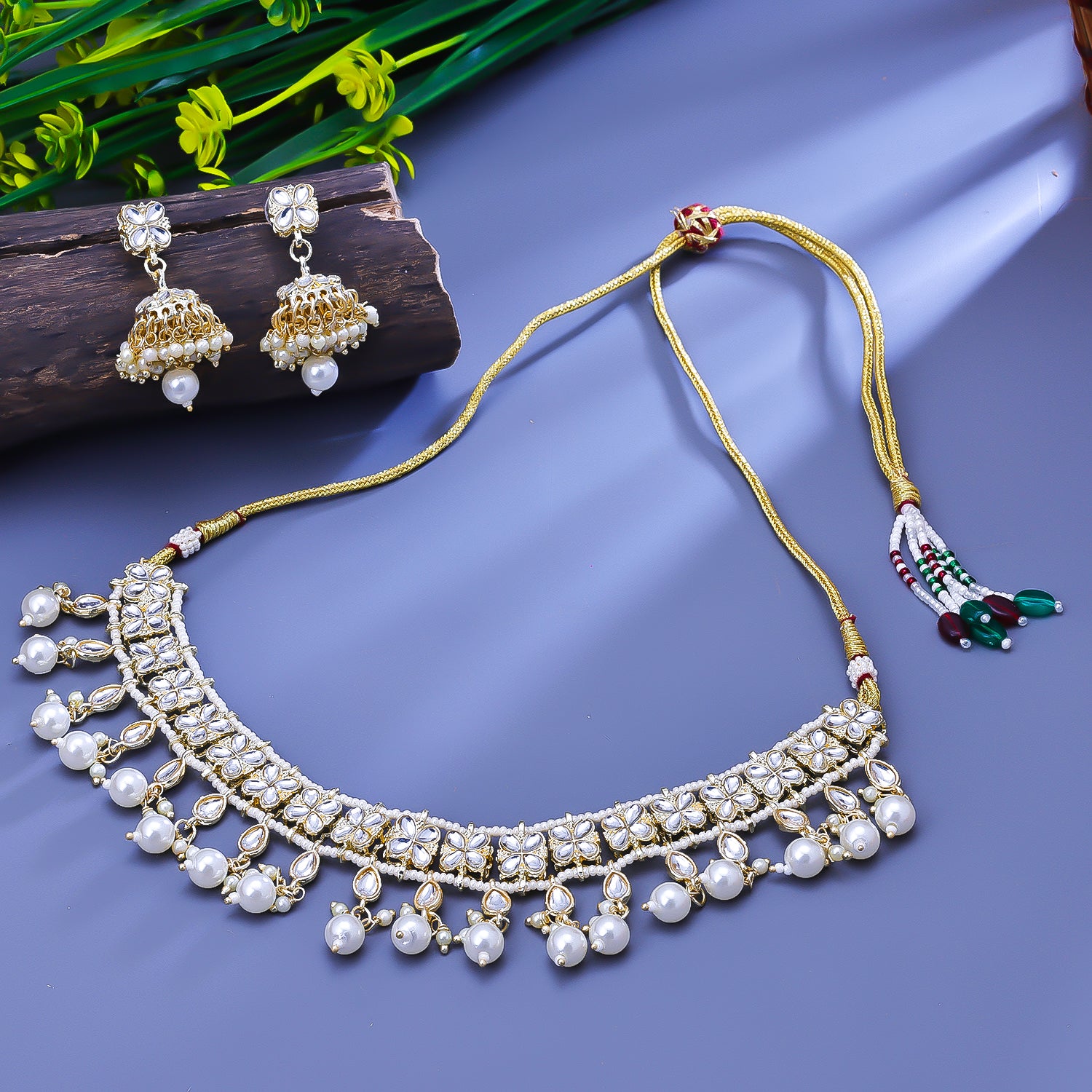 Sukkhi Titillating White Gold Plated Kundan & Pearl Choker Necklace Set For Women
