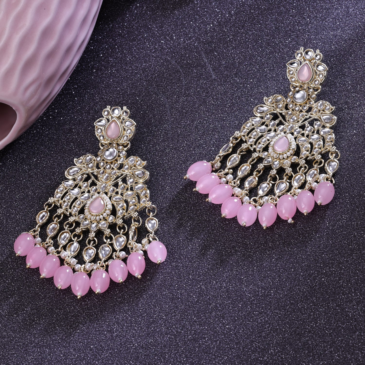 Sukkhi Likely Light Pink Gold Plated Kundan & Pearl Dangler Earring For Women