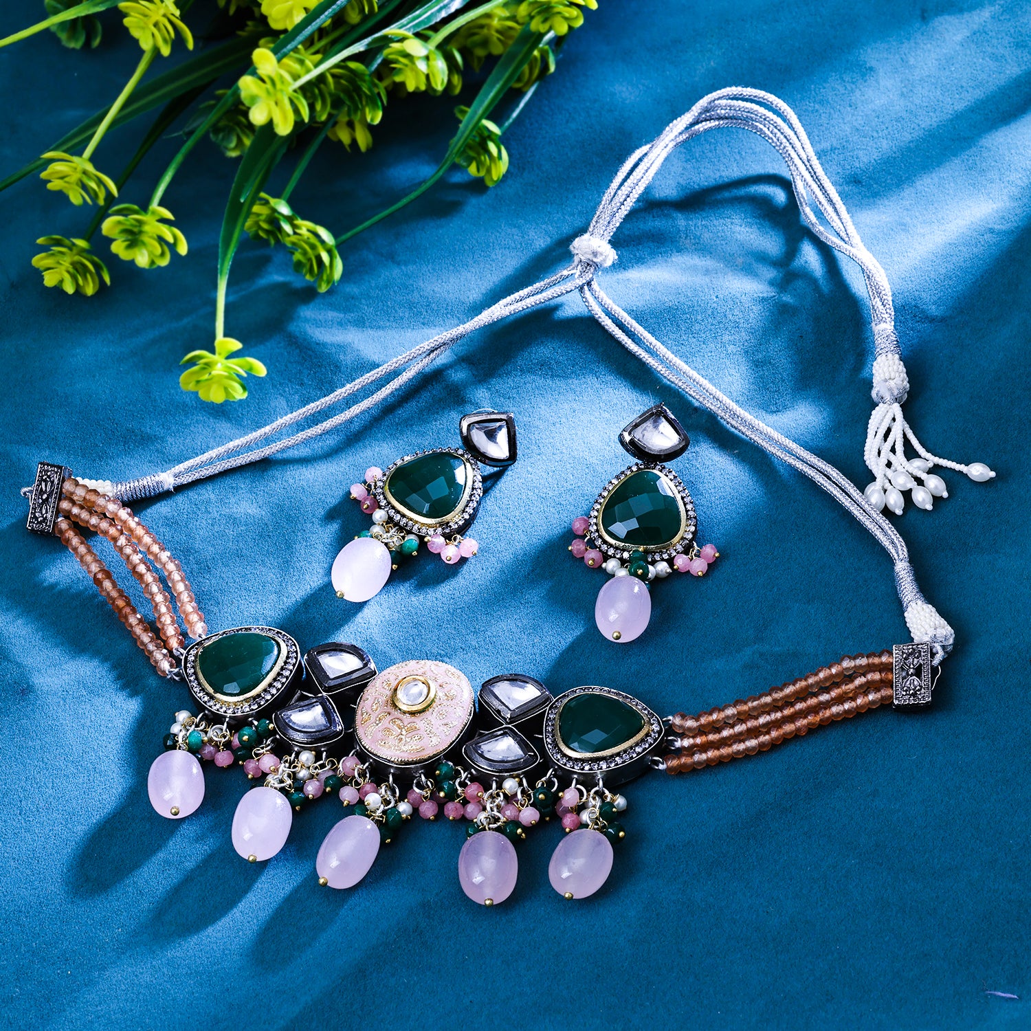 Sukkhi Eye-Catching Multicolor Rhodium Plated Color Stone Choker Necklace Set For Women