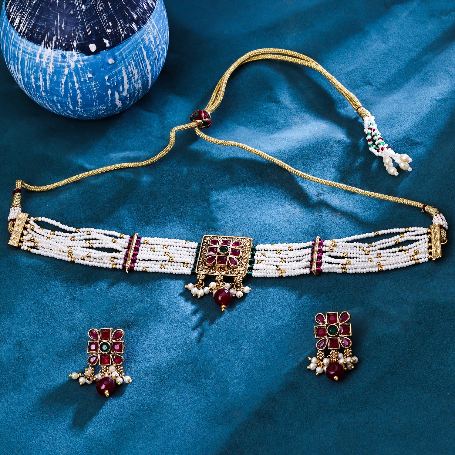 Sukkhi Slick Maroon Gold Plated Pearl Choker Necklace Set For Women