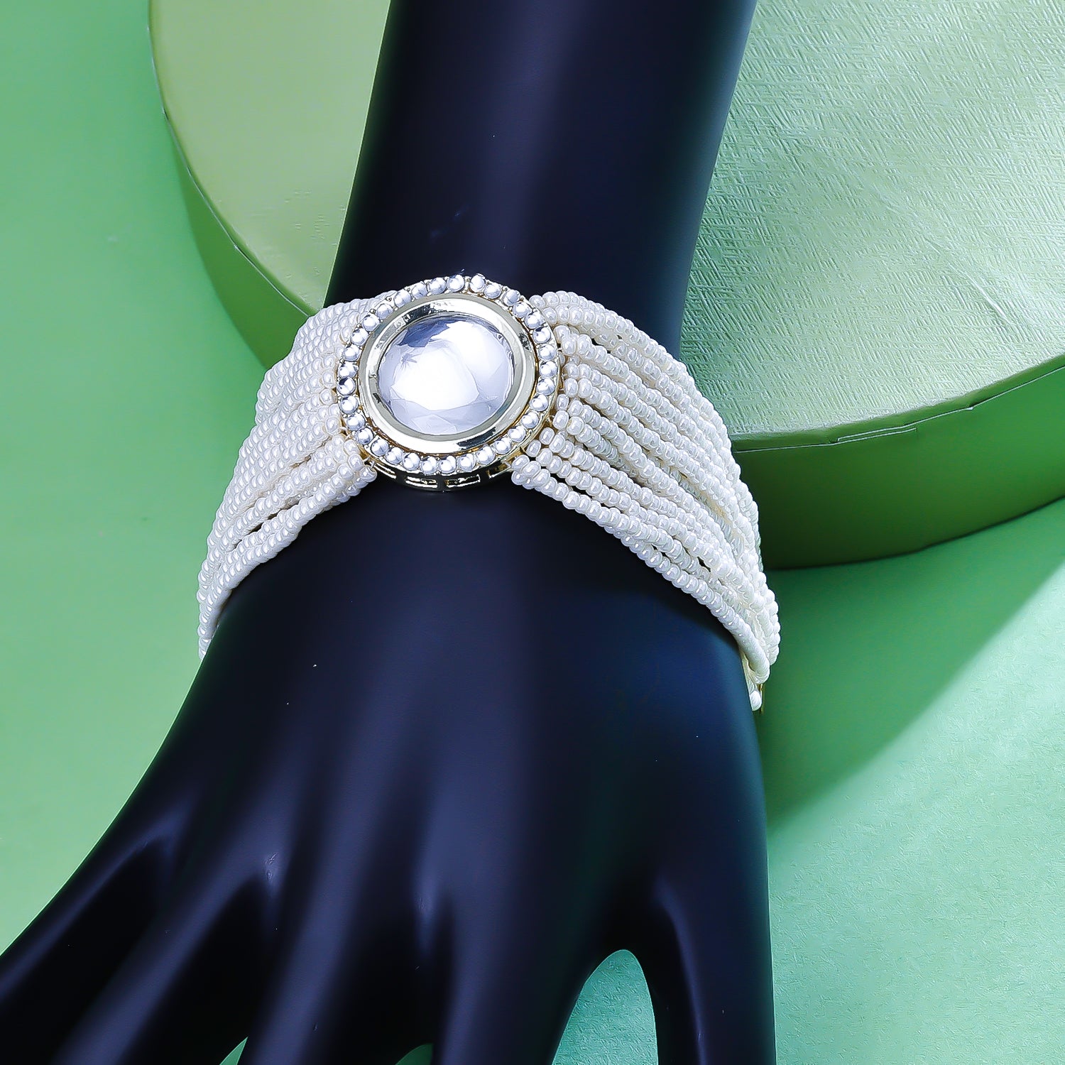 Sukkhi Passable White Gold Plated Kundan & Pearl Multi Layered Bracelete For Women