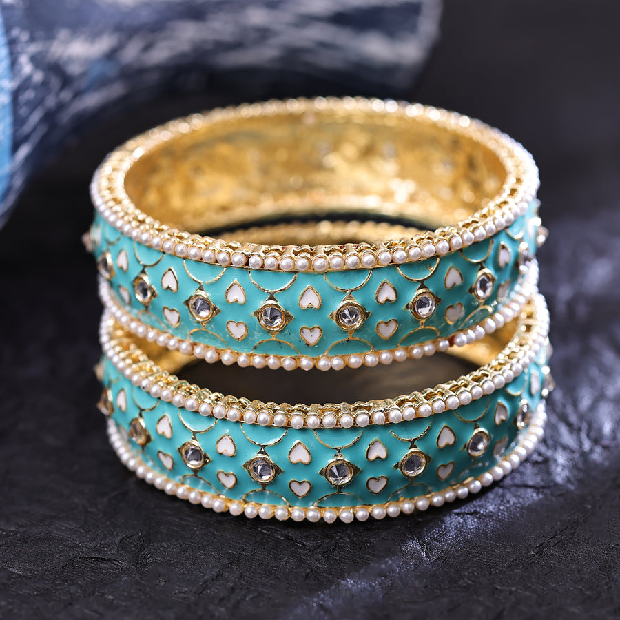 Sukkhi Gripping Sky Blue Gold Plated Pearl Ethnic Bangle For Women
