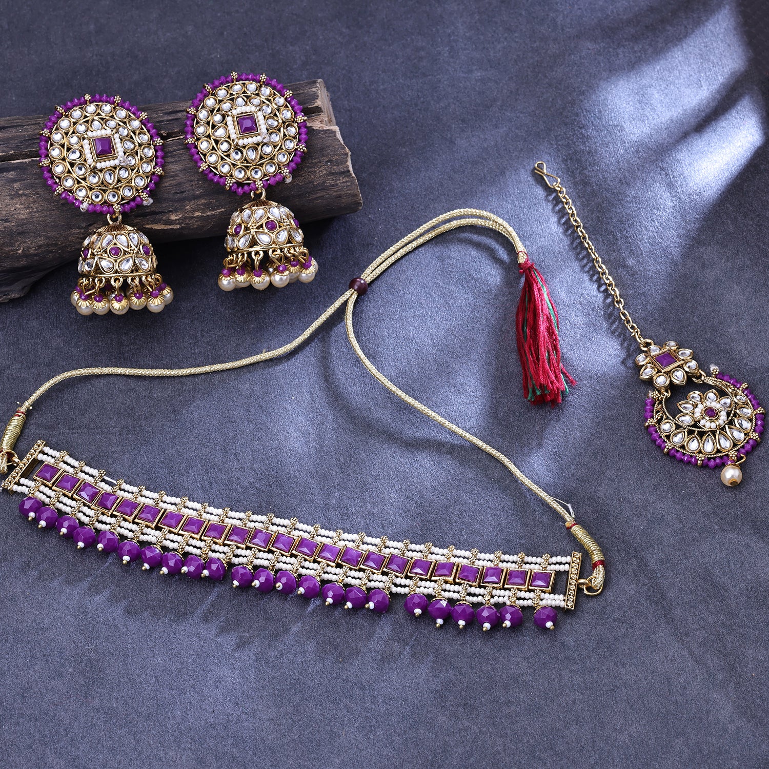 Sukkhi Rhodium Plated Kundan Pearl Purple Choker Floral Necklace Set for Women