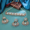 Sukkhi Gold Plated Color Stone & Kundan Aqua Blue Choker Floral Necklace Set for Women