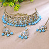 Sukkhi Gold Plated Color Stone & Kundan Sky Blue Choker Oval Necklace Set for Women