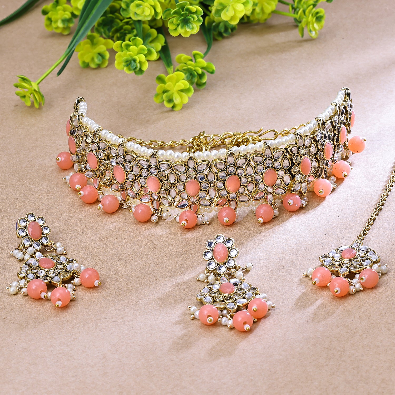 Sukkhi Gold Plated Color Stone & Kundan Peach Choker Floral Necklace Set for Women